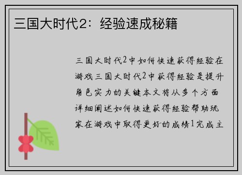 三国大时代2：经验速成秘籍